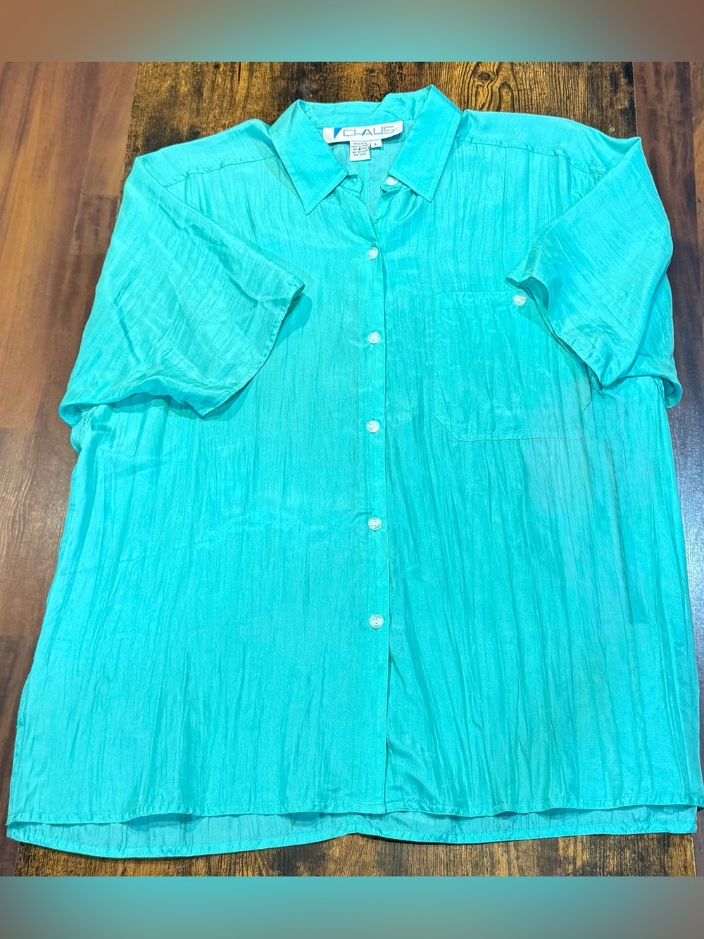 Vintage 1990s CHAUS 100% Silk Aqua Green Button Front Blouse Women’s Large NWT - Picture 5 of 9